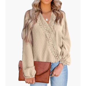 Apricot‎ Off-White Crochet Lace V-Neck Long Sleeve Bishop Dressy Top Blouse